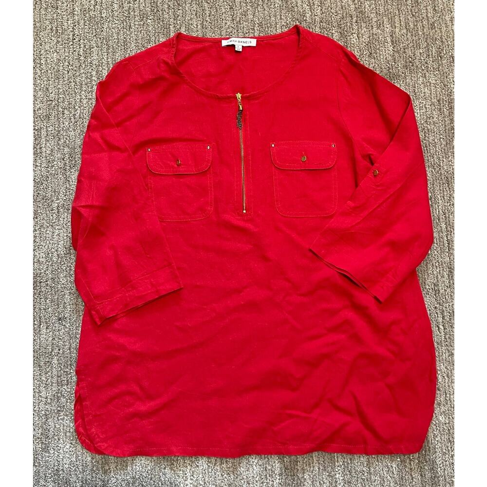 Emily Daniels Womens Red Roll Tab Sleeve 1/3 Zip Double Pocket Tunic‎ Top Size L